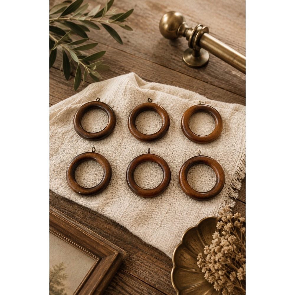 Vintage Handmade Wood Curtain Rings Loops Hooks Set Brown Rustic Drapery Decor